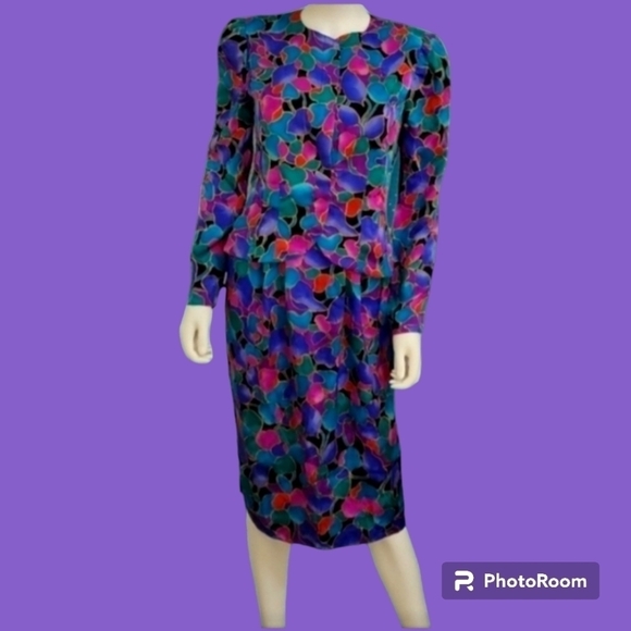 𝅺VTG ADRIANNA PAPELL 1980s Colorful Geometric Silk Slit Skirt Set Small - Picture 1 of 16